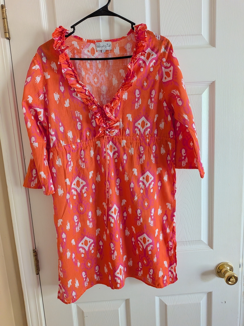 Mud Pie Bright Orange Printed Ruffle V-Neck Tunic